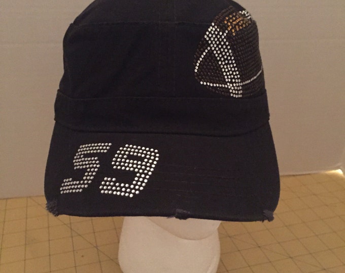 Football Rhinestone Embellished Military Style Cotton Hat with number on bill
