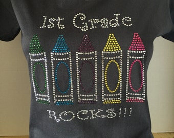 1st Grade Rocks (Crayons) Custom Bling T-Shirt