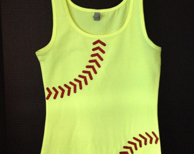 Neon Yellow Softball with Glitter Stitching Ladies Shirt