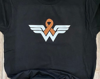 Leukemia / Kidney Cancer Awareness - Woman Power with Orange Glitter Ribbon - Black Shirt