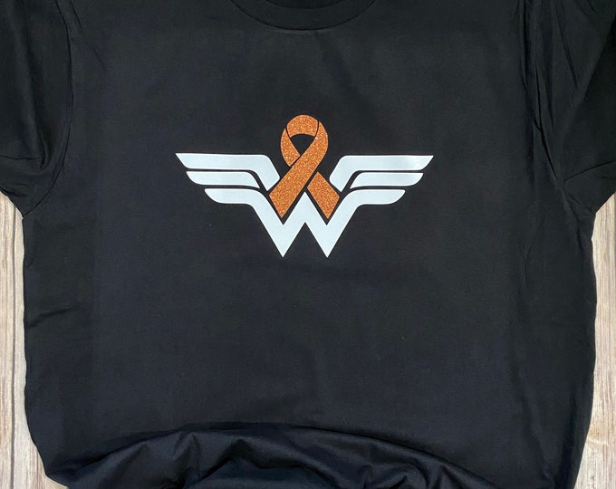 Leukemia / Kidney Cancer Awareness - Woman Power with Orange Glitter Ribbon - Black Shirt