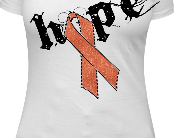 Kidney Cancer / Leukemia Awareness - Hope with Orange Glitter Ribbon and Rhinestone Shirt