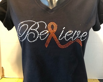 Kidney Cancer / Leukemia Awareness - Believe with Orange Ribbon Bling Shirt