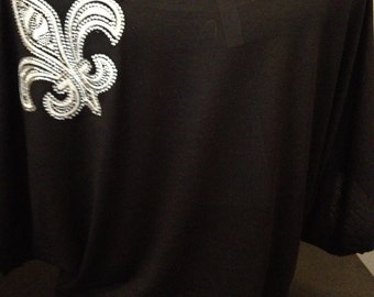 Silver Foil and Rhinestone Fleur de Lis Embellsihed Dolman Shirt