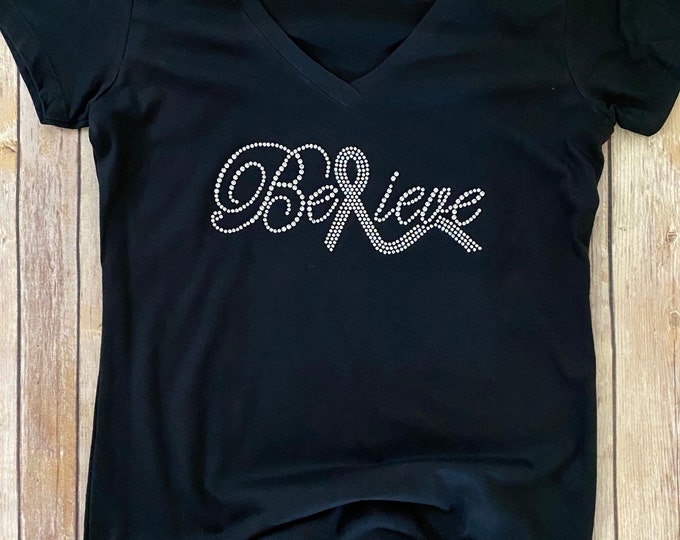Lung Cancer Awareness - Believe with White Ribbon Bling Shirt