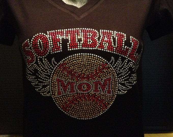 Softball Mom with WIngs Rhinestone Shirt
