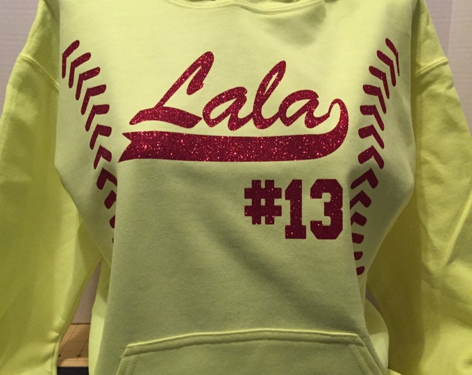 Softball Stitching, Name and Number Glitter Hoodie
