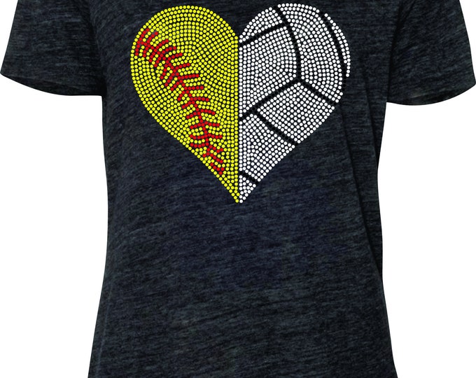 Multi Sports Fan - Football, Softball, Volleyball, Water Polo, Basketball, Soccer or Baseball Split Heart Rhinestone Shirt