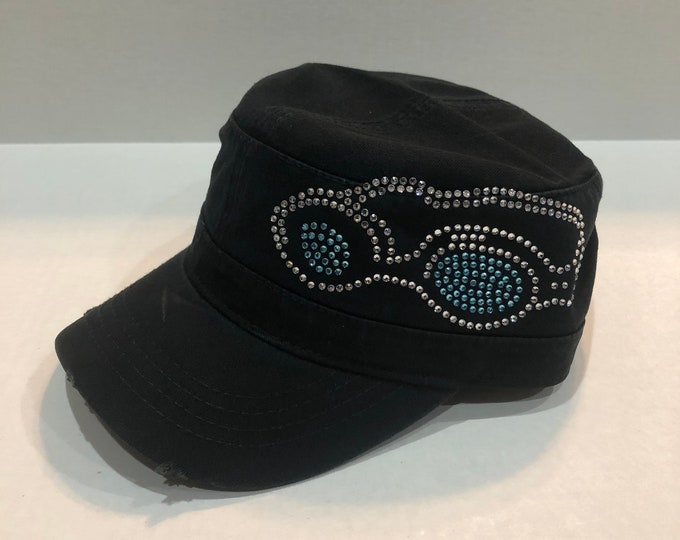 Swim Goggles Rhinestone Embellished Military Style Cotton Hat