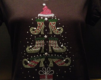 Holiday Tree with Elf Shoes Custom Rhinestone Shirt