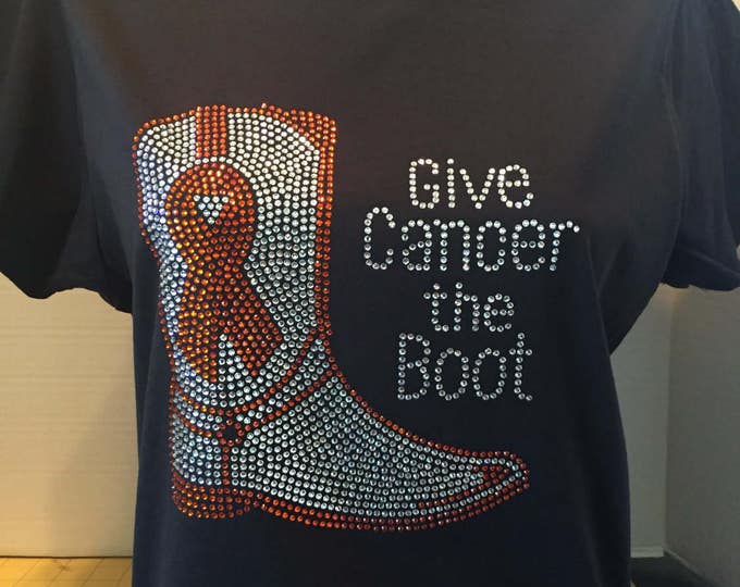Give Cancer the Boot Bling Shirt - Leukemia / Kidney Cancer Awareness Shirt - ORANGE and CLEAR STONES