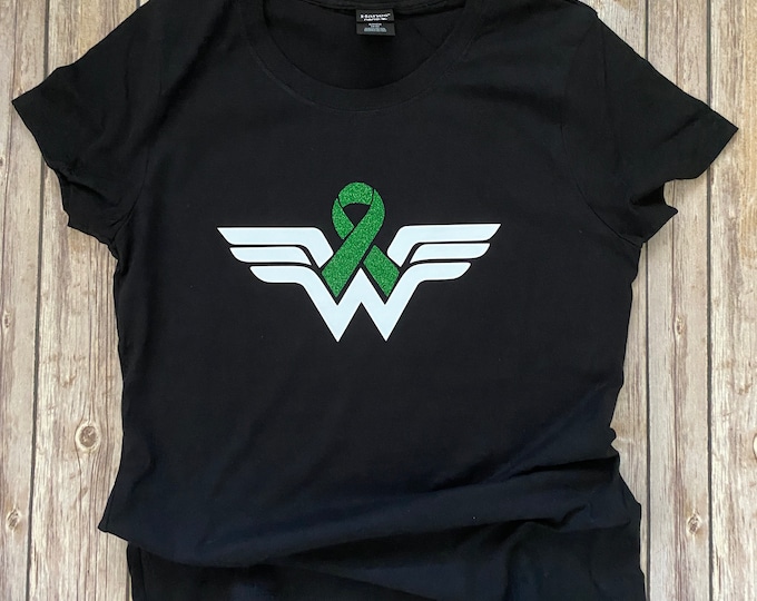 Kidney Disease / Liver Cancer Awareness - Woman Power with Green Glitter Ribbon - Black Shirt