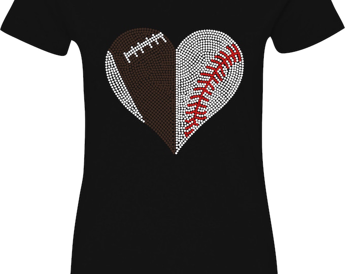 Multi Sports Fan - Football, Softball, Volleyball, Water Polo, Basketball, Soccer or Baseball Split Heart Rhinestone Shirt