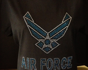 Air Force Mom Bling Rhinestone Black T-Shirt