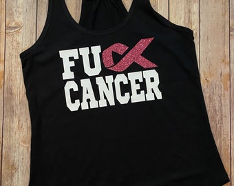 Breast Cancer Awareness - FU Cancer with Pink Gliitter Ribbon - Black Shirt