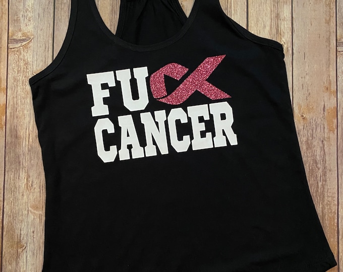 Breast Cancer Awareness - FU Cancer with Pink Gliitter Ribbon - Black Shirt