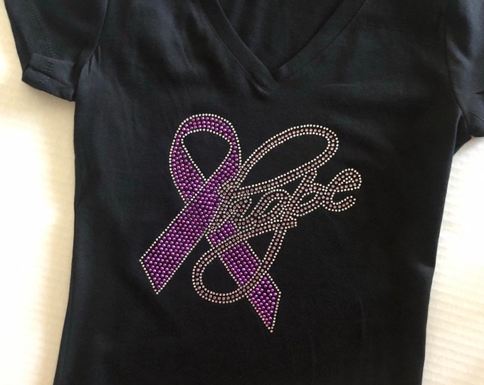 Pancreatic Cancer Awareness - Hope with a Purple Ribbon Rhinestone Shirt