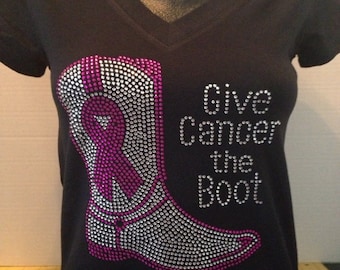 Breast Cancer Awareness - Give Cancer the Boot Bling Shirt - FUCHSIA and CLEAR STONES
