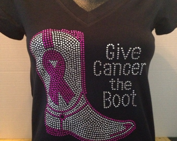 Breast Cancer Awareness - Give Cancer the Boot Bling Shirt - FUCHSIA and CLEAR STONES