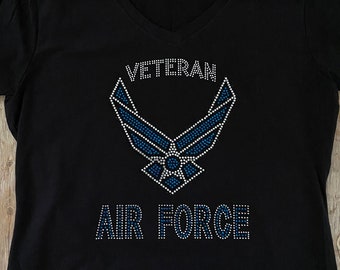 VETERAN Air Force Bling Rhinestone Black T-Shirt