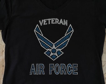 VETERAN Air Force Bling Rhinestone Black T-Shirt