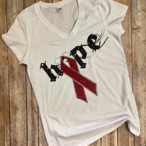 Aids / Heart Disease Awareness - Hope with Red Glitter Ribbon and Rhinestone Shirt