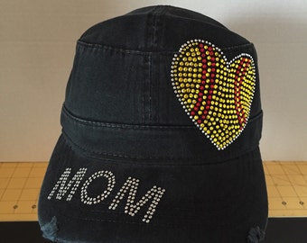 Love Softball Mom Rhinestone Embellished Military Style Cotton Hat