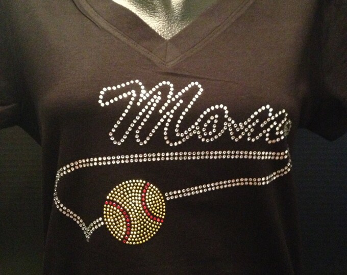 Softball - Baseball - Soccer - Basketball - Volleyball - Water Polo Mom Tail V-Neck Rhinestone Tee