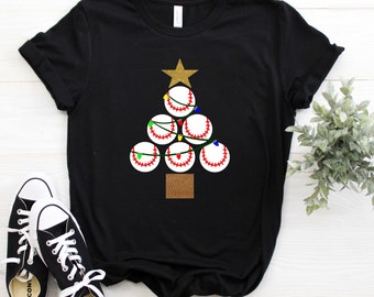 Christmas - Holiday -Baseball Christmas Tree Printed Shirt