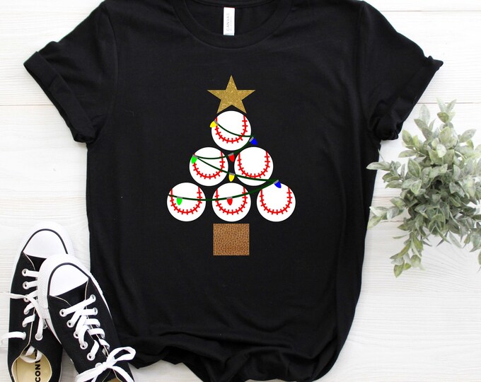 Christmas - Holiday -Baseball Christmas Tree Printed Shirt