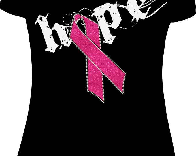 Breast Cancer Awareness - Hope with Pink Glitter Ribbon - Black Shirt