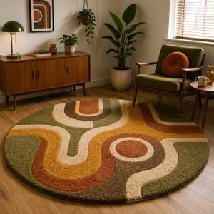 May include: A circular area rug featuring a textured, geometric pattern of interlocking wavy lines and circles in shades of olive green, mustard yellow, burnt orange, cream, and dark brown, creating a layered, multi-colored surface design.