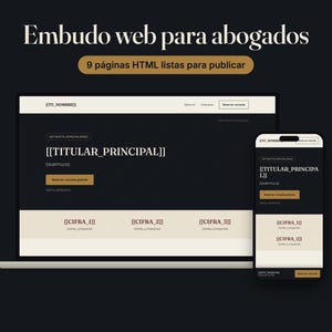Op de afbeelding: Een digitale mockup van een webfunnel voor advocaten met 9 HTML-pagina's. Het ontwerp toont een laptop- en smartphonescherm met tijdelijke aanduidingen zoals TITULAR_PRINCIPAL, CIFRA_1 en een gouden knop met de tekst Reservar consulta.