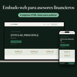 Op de afbeelding: Een digitaal sjabloon voor een website voor financieel adviseurs, weergegeven op een laptop- en smartphonescherm. Het ontwerp heeft een donkergroene achtergrond met witte tekst, inclusief tijdelijke aanduidingen zoals TITULAR_PRINCIPAL.