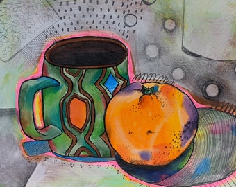 Still Life | Original Artwork | Colored Pencil | Orange with Green Mug