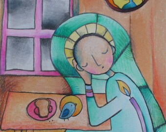 Man at Reverent Lunch - Original Drawing