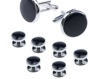 8pcs Men's Black Metal Alloy Cufflinks and Studs Set, Formal Tuxedo Shirt Accessories