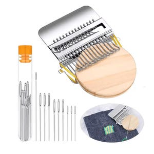 May include: A metal darning loom tool with a round wooden base and yellow elastic bands, a clear plastic tube containing multiple silver sewing needles, and a small circular inset showing the loom in use on a piece of dark fabric.