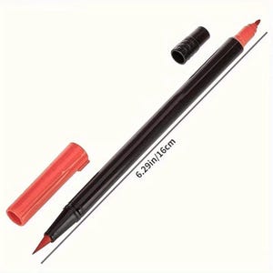 May include: A black and red marker with a fine tip, 16cm long. The marker has a cap on the end and another cap is off. The marker is designed for detailed writing or drawing.