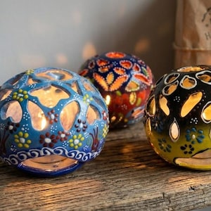 Set of 3 Ceramic Carved Lanterns | Boho Floral Home Decor, Cozy Ambiance