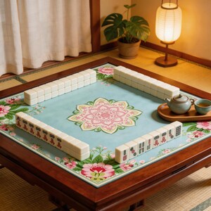 Pode incluir: Uma mesa de Mahjong de madeira com uma superfície de jogo azul claro com um design floral. A mesa é decorada com peças de marfim, uma chaleira e chávenas de chá. A mesa é rodeada por um tapete de tatami.