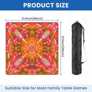 May include: A square game mat, 31.5 inches (80cm) on each side, with a colorful floral and champagne bottle design. The mat is accompanied by a black carrying bag. The text on the image reads "PRODUCT SIZE" and "Suitable Size for Most Family Table Games."