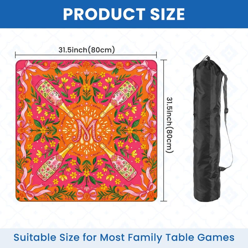 May include: A square game mat, 31.5 inches (80cm) on each side, with a colorful floral and champagne bottle design. The mat is accompanied by a black carrying bag. The text on the image reads "PRODUCT SIZE" and "Suitable Size for Most Family Table Games."