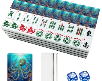 Küsten Blau Amerikanisches Mahjong Fliesen Set, Meereswelt Acrylfliesen, niedliches mystisches Oktopus Spiel Dekor, einzigartiges Luxusgeschenk für Mahjong Liebhaber