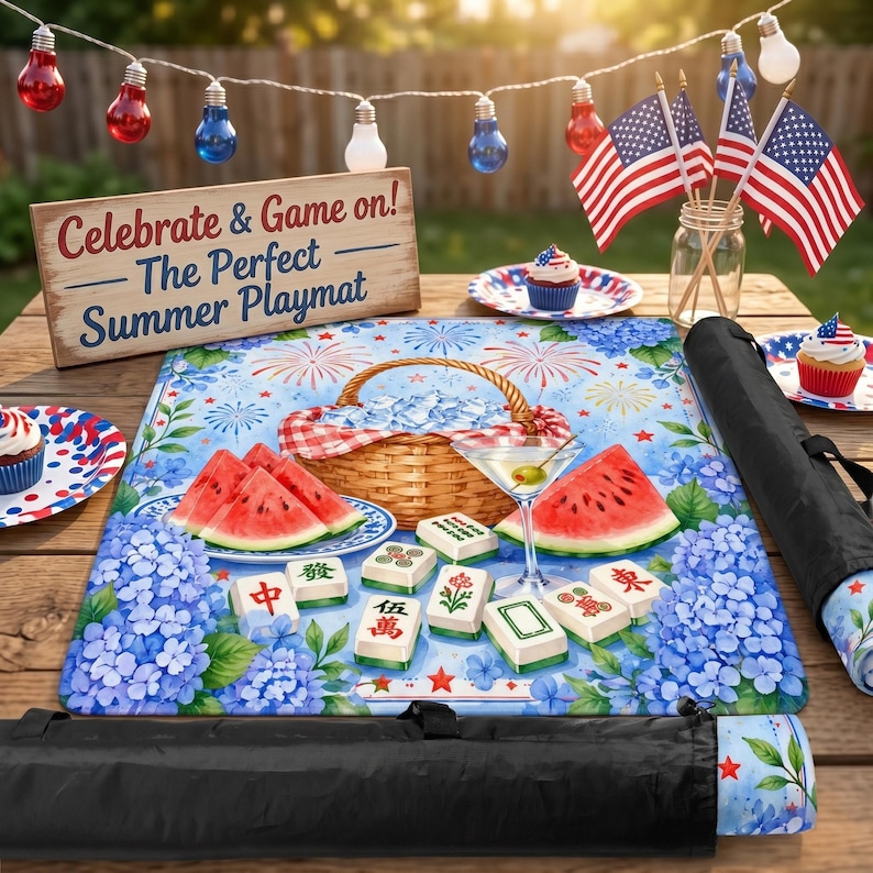 May include: A summer-themed playmat with a picnic basket, watermelon slices, and mahjong tiles. The mat features blue hydrangea flowers and a fireworks design. The sign reads "Celebrate & Game on! - The Perfect Summer Playmat."
