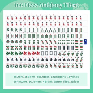May include: A 166-piece Mahjong tile set featuring white tiles with red, green, and black engraved symbols, including dots, bams, cracks, dragons, winds, flowers, and jokers. The set includes four blank spare tiles and two blue dice with white pips.
