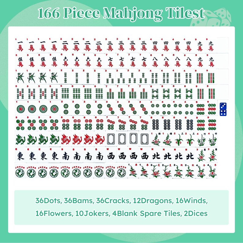 May include: A 166-piece Mahjong tile set featuring white tiles with red, green, and black engraved symbols, including dots, bams, cracks, dragons, winds, flowers, and jokers. The set includes four blank spare tiles and two blue dice with white pips.