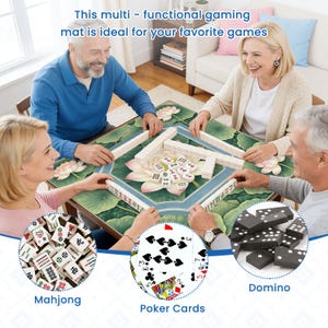 May include: A multi-functional gaming mat with a floral design, featuring Mahjong tiles, playing cards, and dominoes. The text on the mat reads, "This multi-functional gaming mat is ideal for your favorite games."
