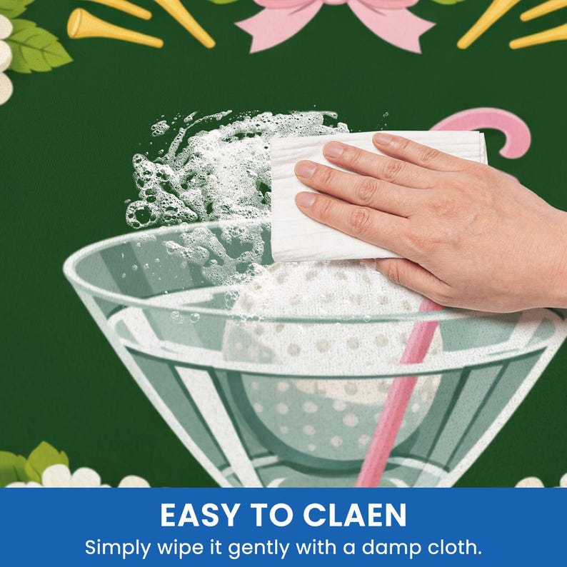Peut inclure: Une main essuie une balle de golf dans un verre &agrave; martini avec un chiffon blanc. Le verre contient de l'eau et des bulles. Le texte "EASY TO CLAEN" et "Simply wipe it gently with a damp cloth" sont en bas de l'image.