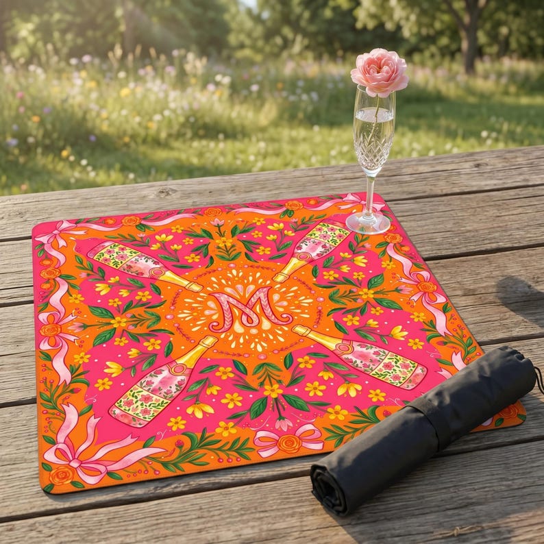 May include: A vibrant pink and orange picnic blanket featuring champagne bottles, floral patterns, and the letter "M". A rolled-up black blanket and a champagne flute with a pink rose are also present.